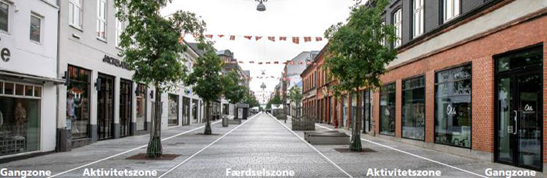 Markering af gangzoner, aktivitetszoner og færdelszone i Kongensgade.